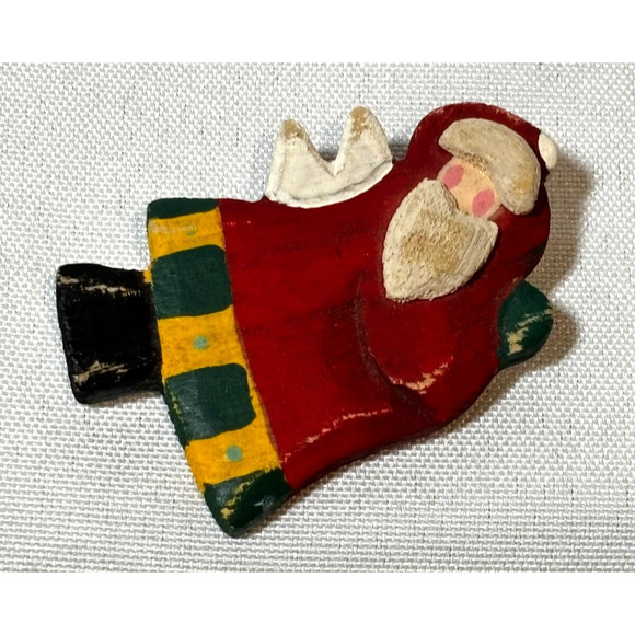 Christmas Angel Santa Hand Crafted & Painted Vintage Wood Brooch Pin Folk Art - Picture 1 of 4